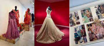 Collage exposición De izquierda a derecha, vestuario para la obra de teatro Entre bobos anda el juego; vestido de novia joya; moodboards de inspiración de Lorenzo Caprile.